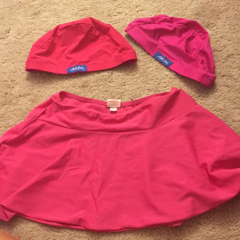 Two swimming caps and skirt for girls 4 and under